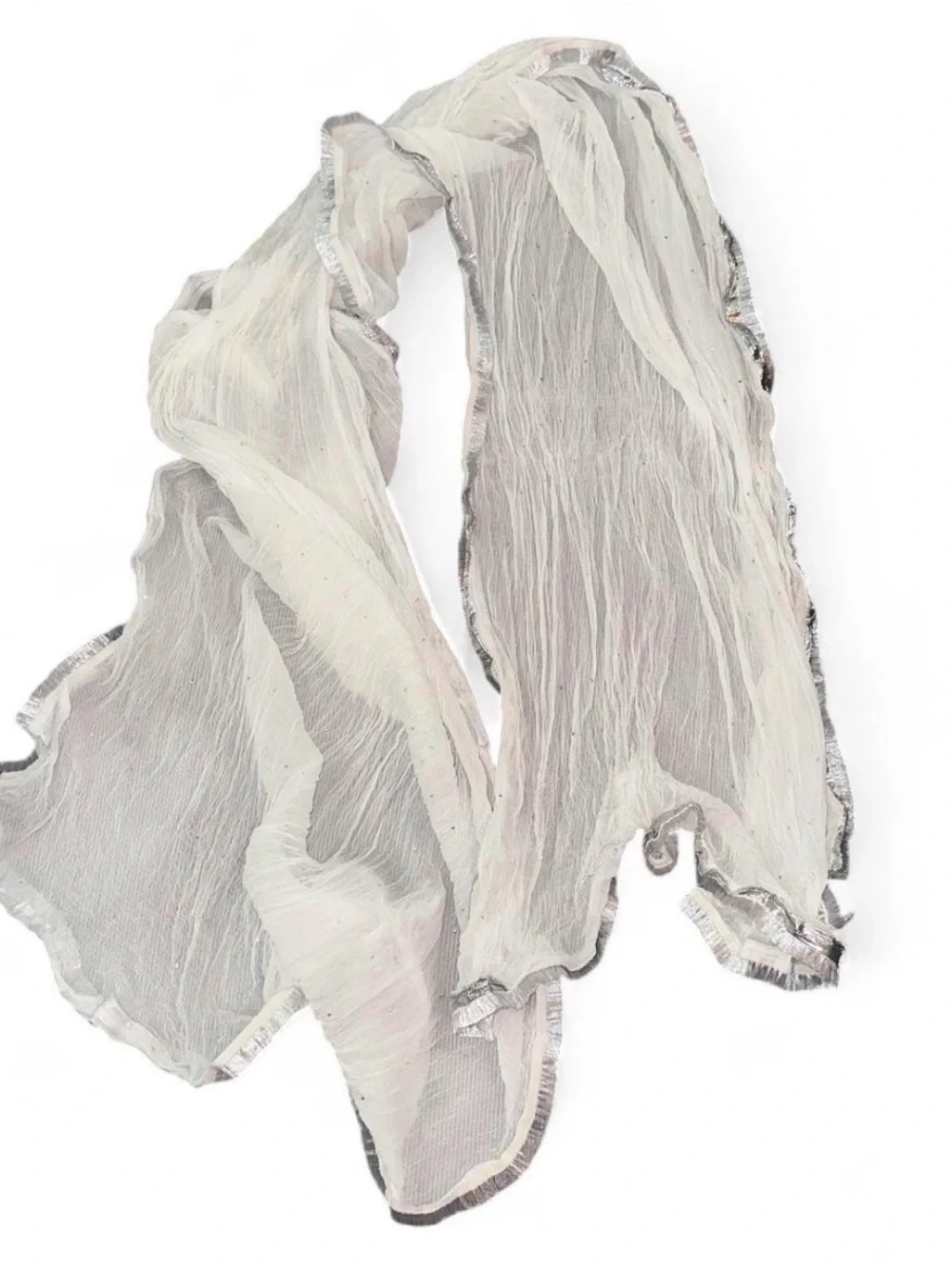 Elegant White Crinkle Scarf with Silver Trim
